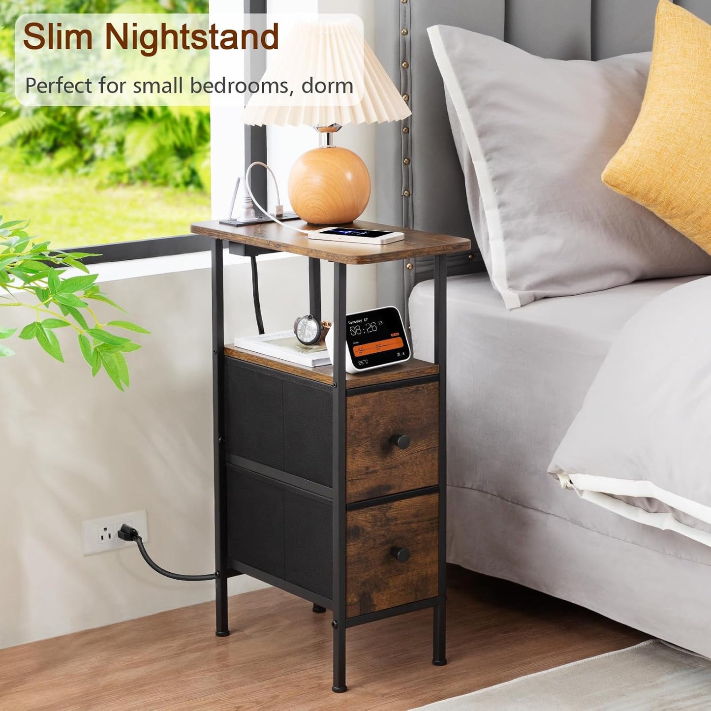 (New Open Box) Narrow End Table Living Room with Charging Station, Side Table with fabric drawer (DS0037)