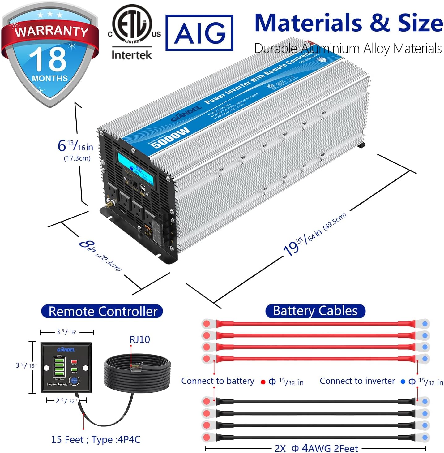 (Excellent) Giandel 5000Watt Heavy Duty Modified Sine Wave Power Inverter Approved by CETL Converts DC
