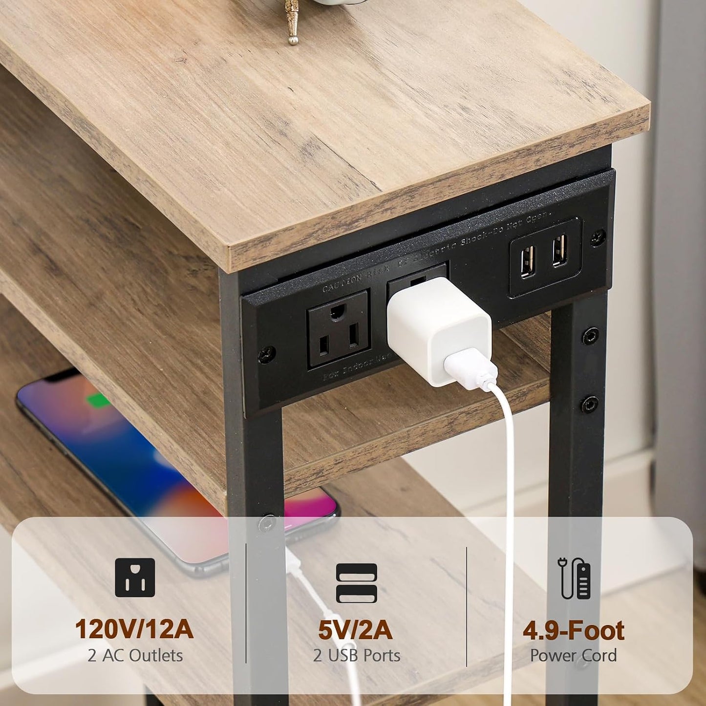 (New Open Box) AMHANCIBLE Narrow Side Table with Charging Station, Skinny End Tables-HETN04GY