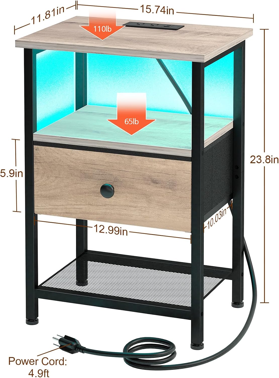 (New Open Box)  LOAKEKEL  Nightstand with Charging Station | LED Bedside Table with Fabric Drawer HETS01GY