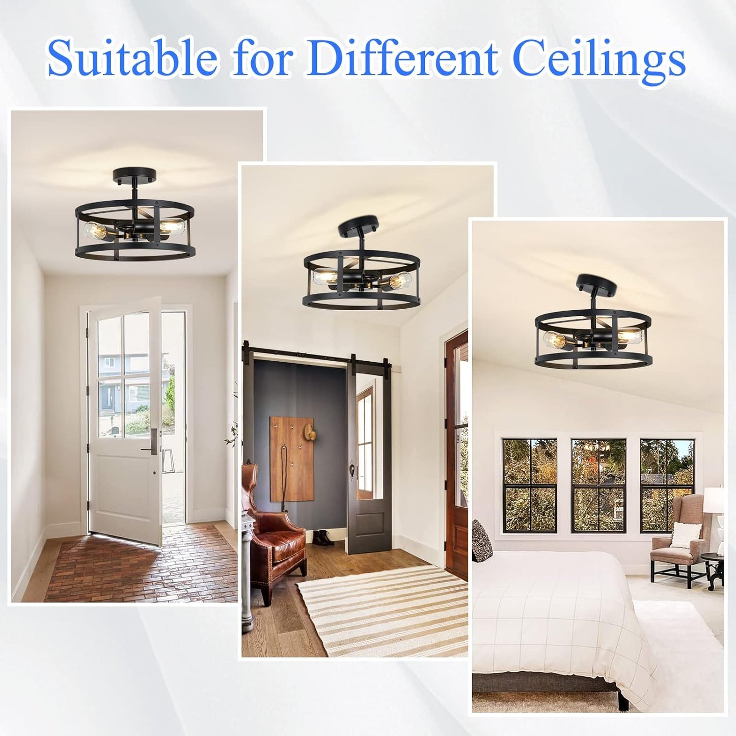 SKEJAO Black Semi Flush Mount Ceiling 3-Light Hallway Light Fixtures Ceiling Mount - New!