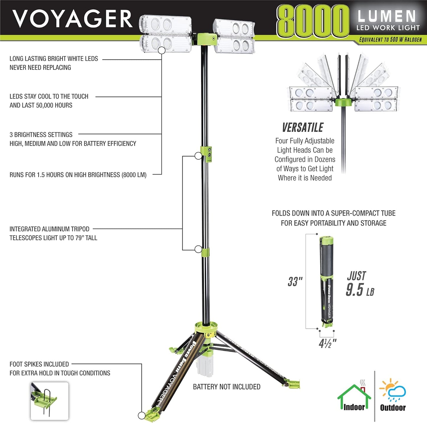 (used good) PowerSmith PVLR8000A-C Voyager 8,000 Lumen LED Collapsible Adjustable Tripod Work