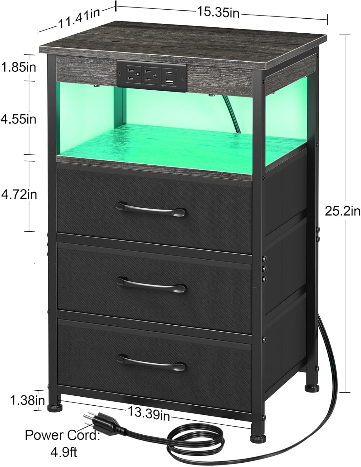 (New Open Box) LOAKEKEL End Table with 3 Drawers, Side Table with Storage Shelf, with USB Ports (HNS123DG-1)