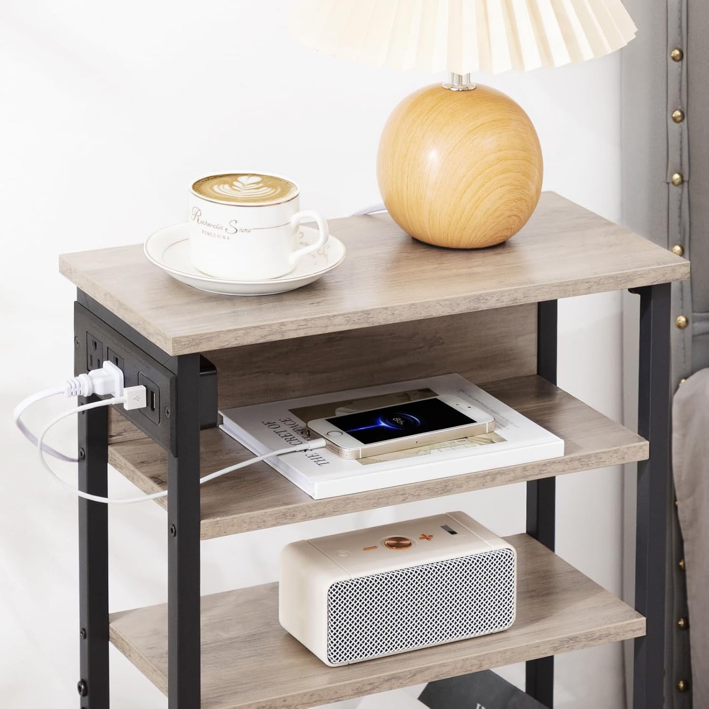 (New Open Box) AMHANCIBLE Narrow Side Table with Charging Station, Skinny End Tables-HETN04GY
