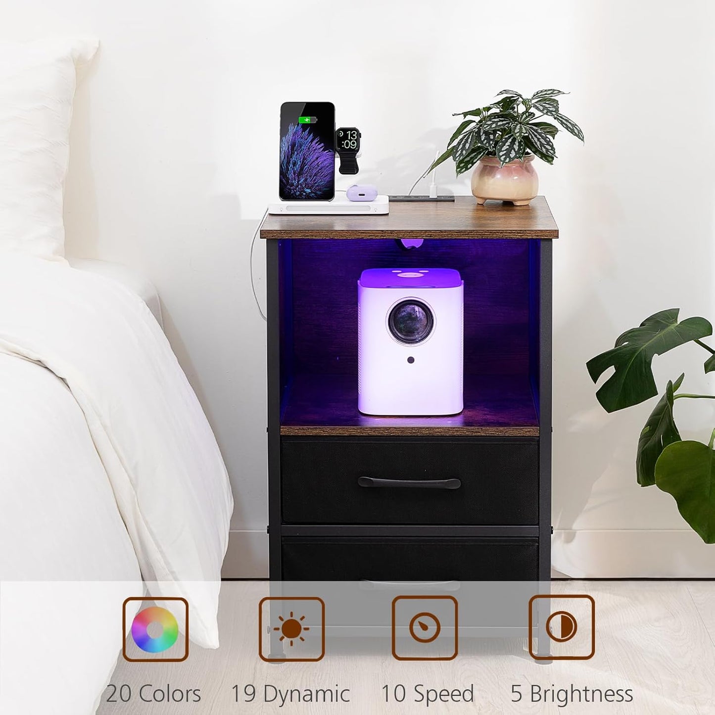 (New Open Box) Night Stand, Nightstand with Charging Station, Small End Table HNS032BR