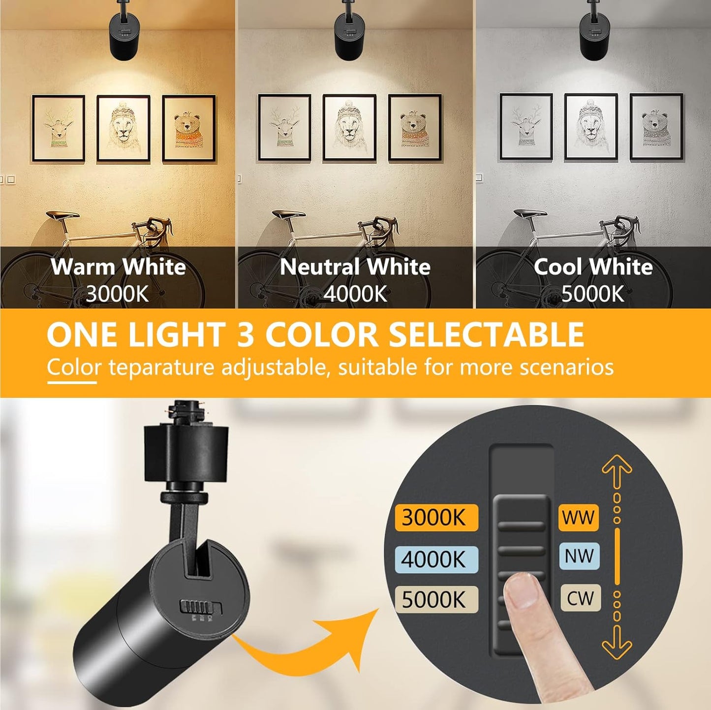 (New open box) VANoopee 3-Color 10W H Track Lighting Heads Dimmable LED Track Light Heads Bright Rail Ceiling Spotlight Fixtures Accent Task, 3000K 4000K 5000K, Flicker Free CRI90+ 36° 1000lm, Matte Black, 4 Pack