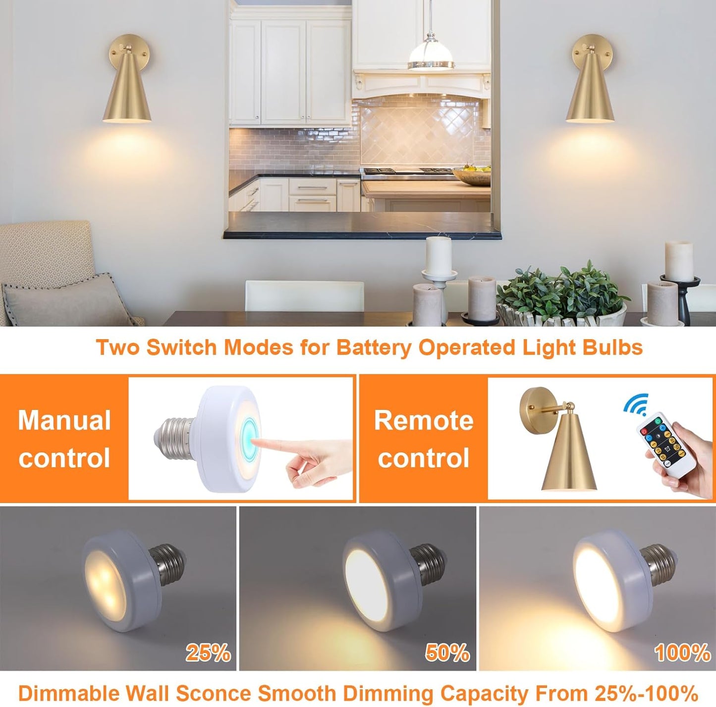 (New Open Box) MWZ Gold Wall Sconces Set of Two,Wireless Indoor Led Lighting with Remote Control, Modern Dimmable 2 Color Temperatures Adjustable Angle Wall