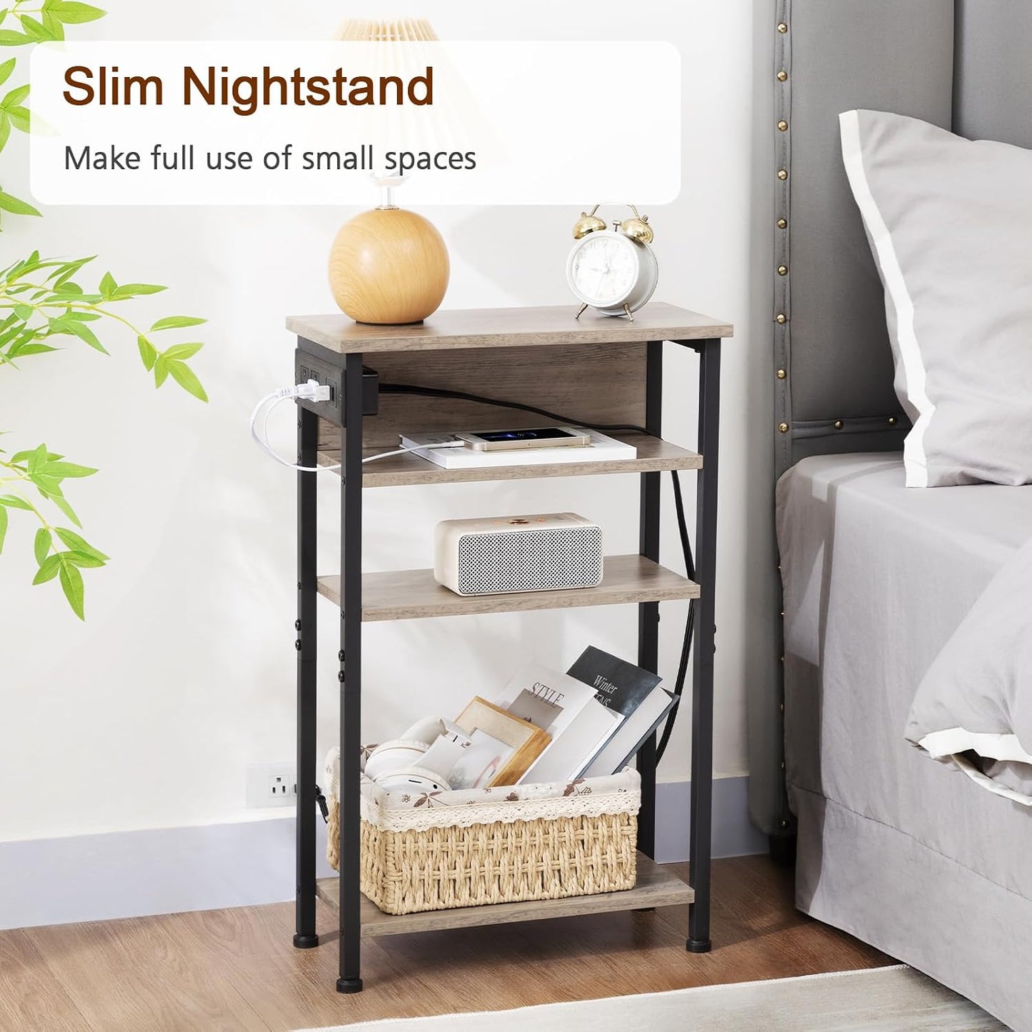(New Open Box) AMHANCIBLE Narrow Side Table with Charging Station, Skinny End Tables-HETN04GY