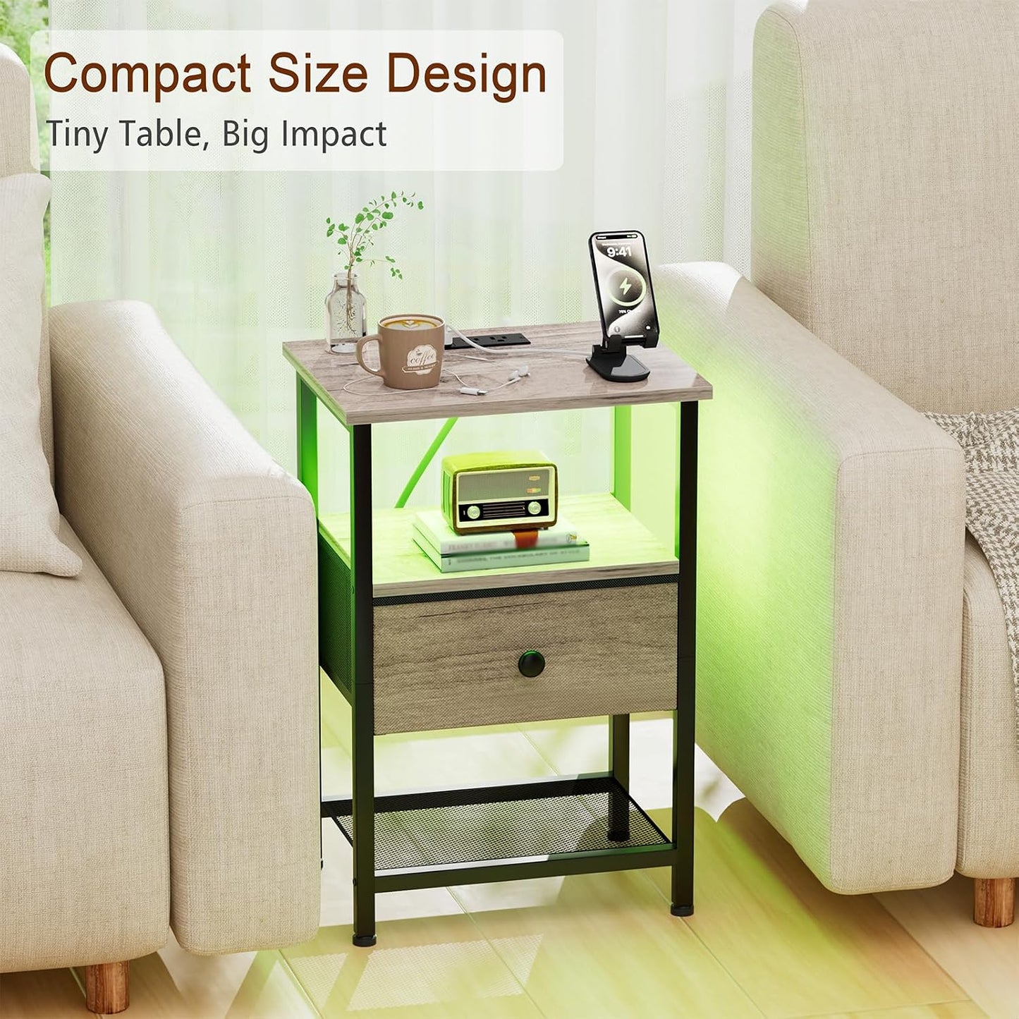 (New Open Box)  LOAKEKEL  Nightstand with Charging Station | LED Bedside Table with Fabric Drawer HETS01GY