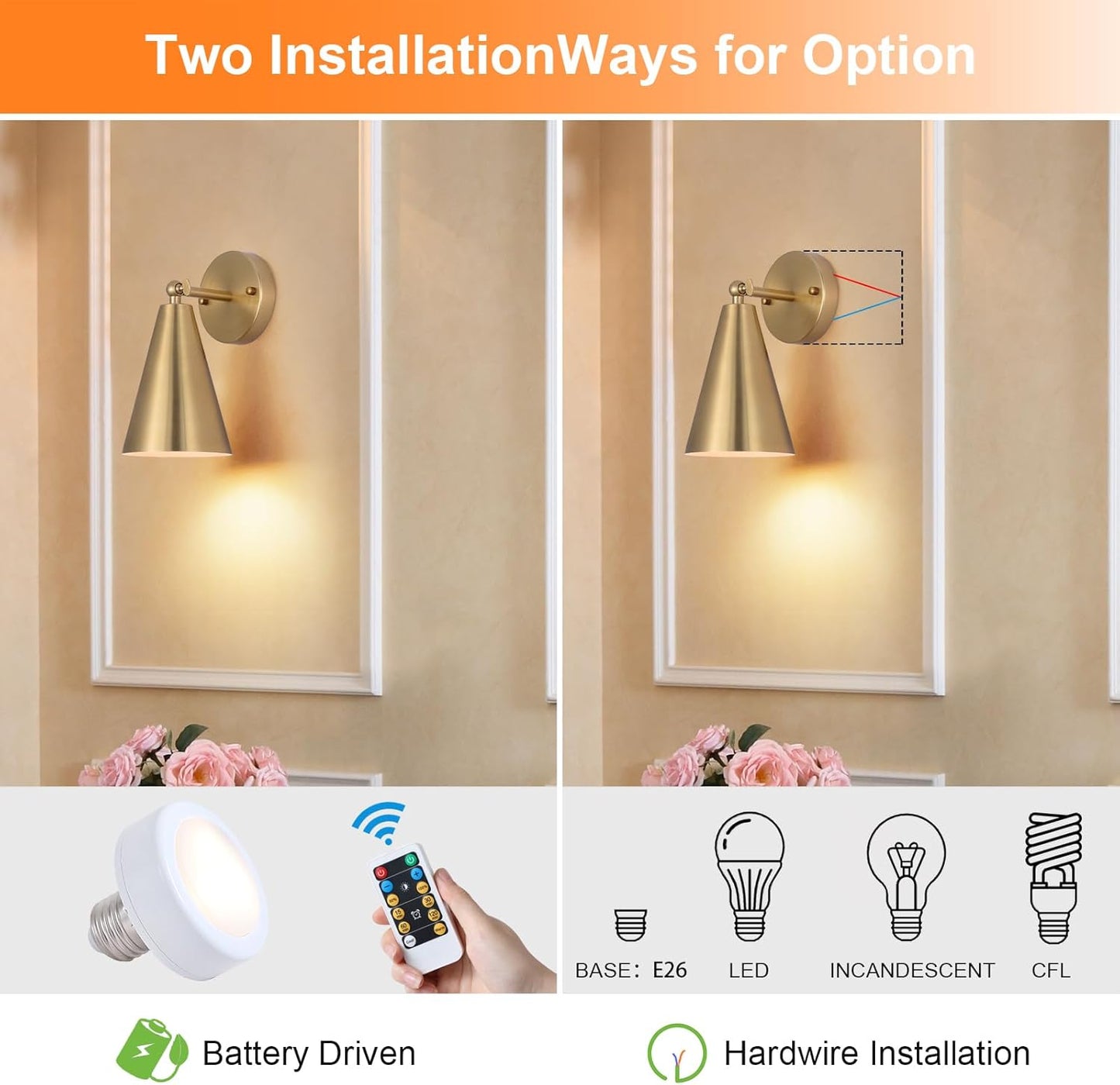 (New Open Box) MWZ Gold Wall Sconces Set of Two,Wireless Indoor Led Lighting with Remote Control, Modern Dimmable 2 Color Temperatures Adjustable Angle Wall