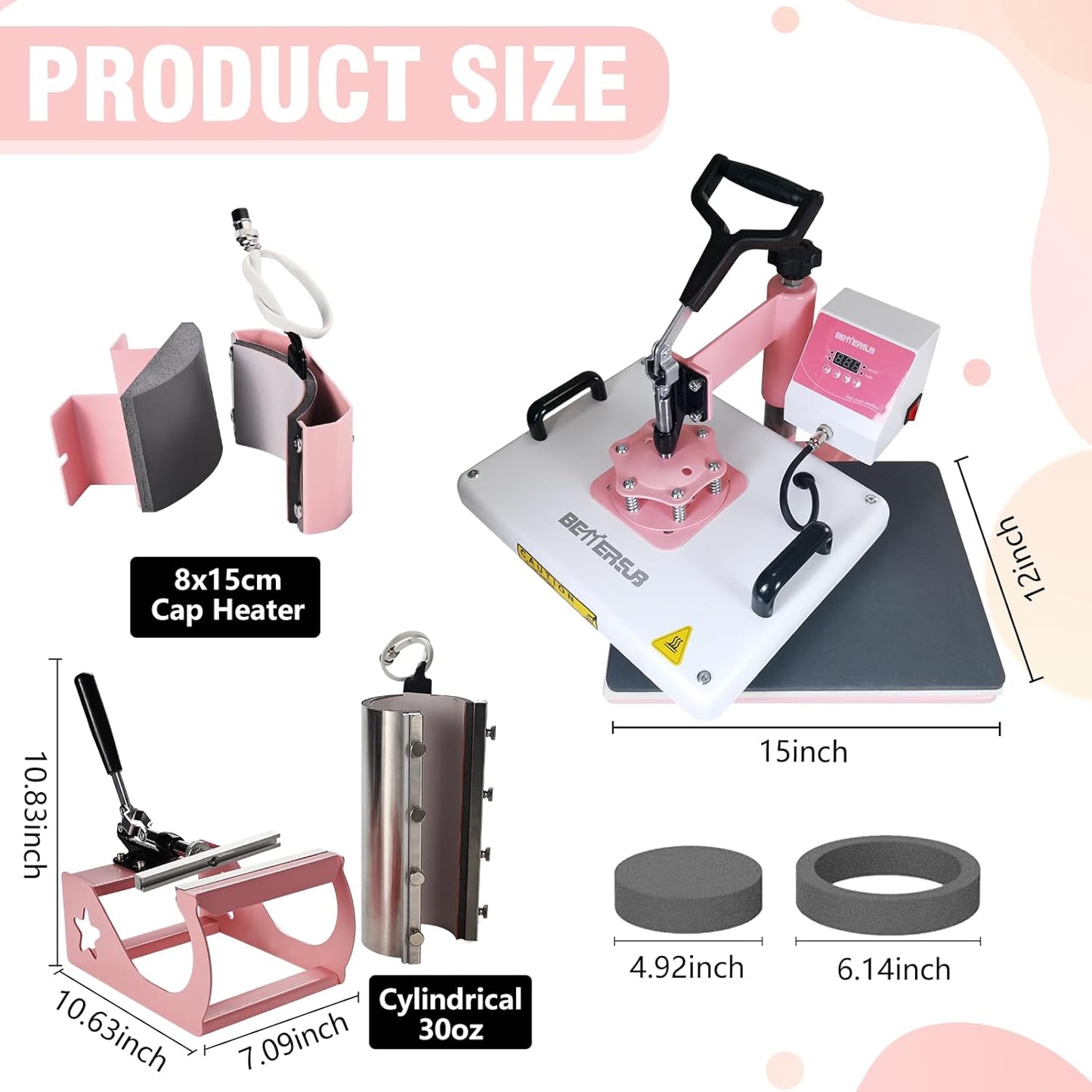 (New Open Box) BetterSub 360 Degree Swivel Combo 5 in 1 12‘’ x15‘’ Heat Press Machine for T-Shirt  (12"x15"pink)