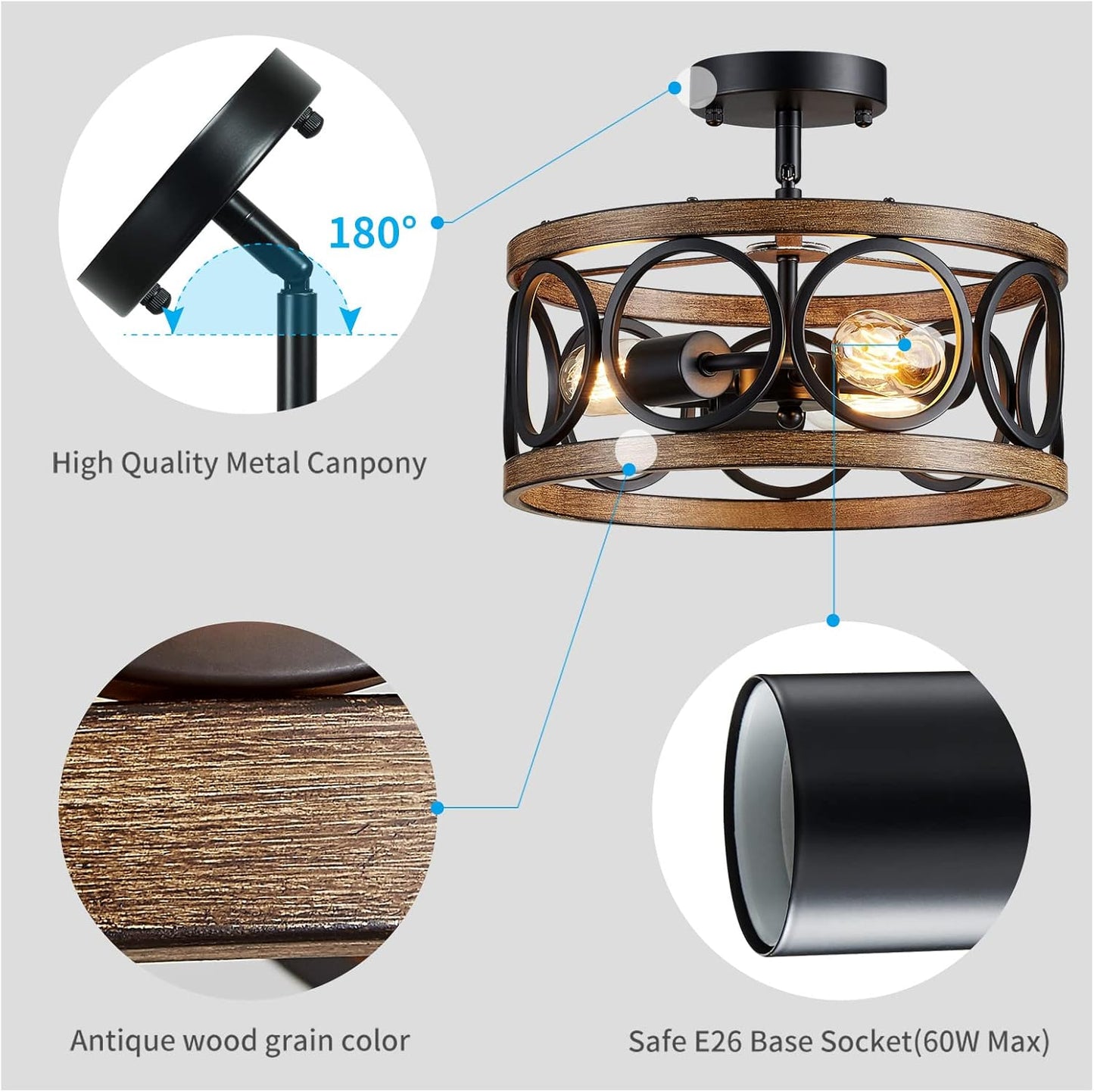 (new open box) Gatlap Farmhouse Ceiling Light Fixture Modern Semi Flush Mount Ceiling 3-Light, 13” Black Drum Round Lamp for Dining Room Bedroom Wood Grain Finish