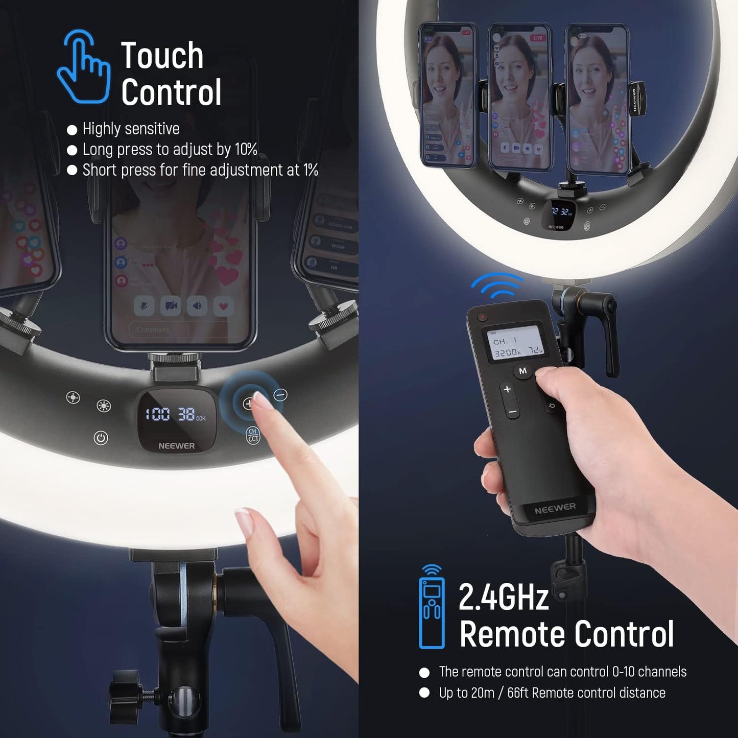 (New Open Box) NEEWER Ring Light RP19H 19 inch with Tripod Stand, 2.4G Touch Control Ringlight