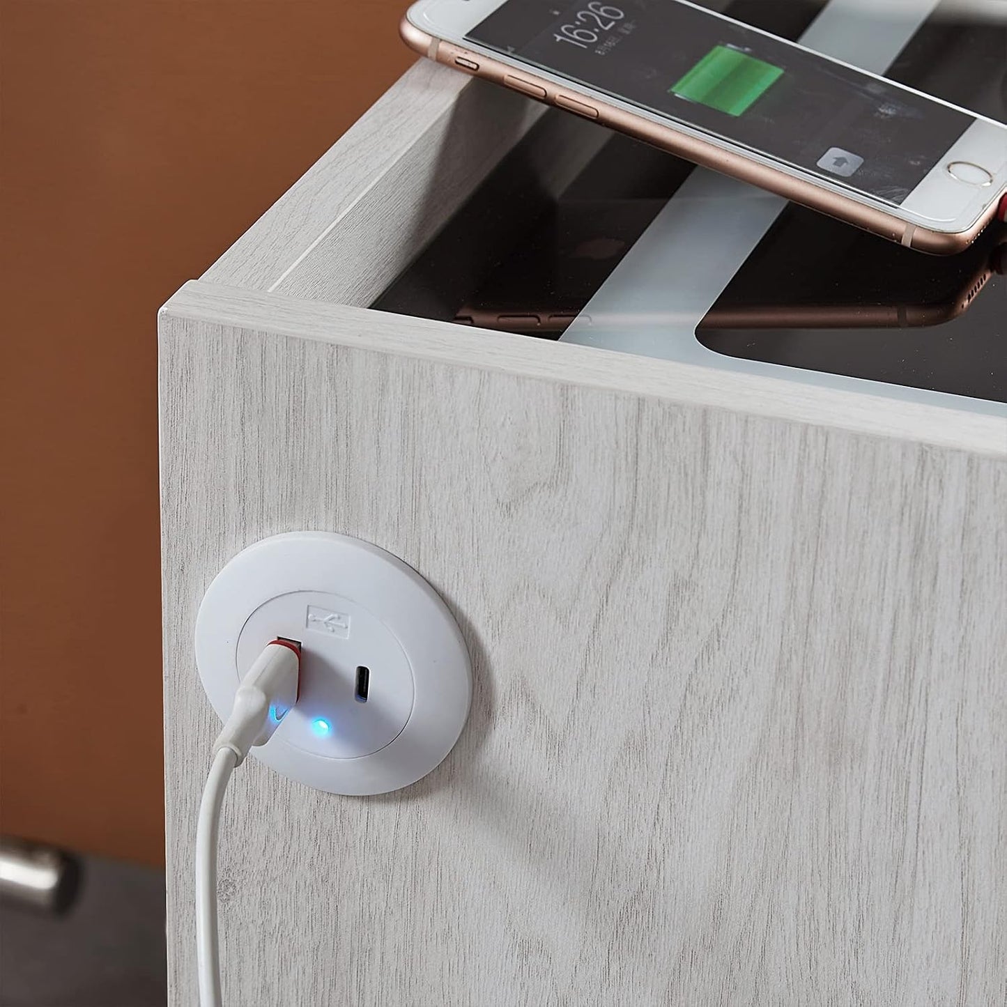 (Brand New) OLD CAPTAIN Nightstand with Wireless Charging Station，Modern Side Table with Drawers and Open Storage Shelf for Bedrooms