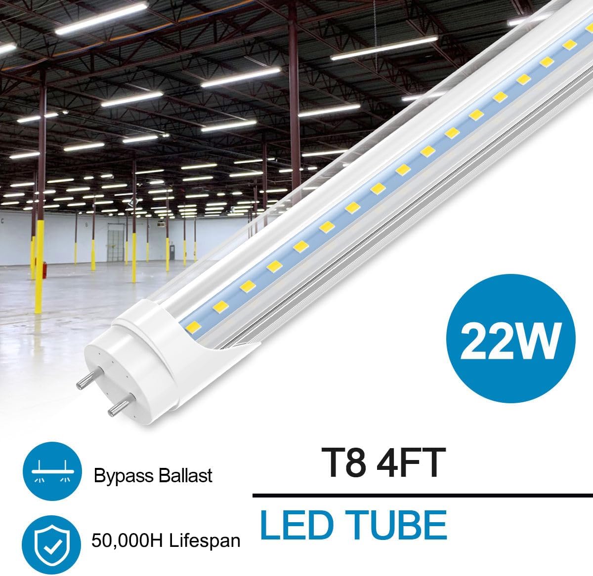 (New Open Box) CNSUNWAY T8 LED Tube 4ft, 22W 2400LM, 6500K Cool White, Clear Cover (12-Pack)