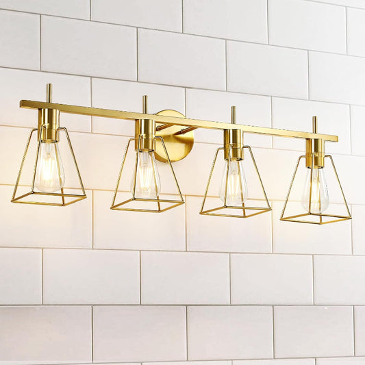 (New Open Box) HAHZT Industrial Bathroom Vanity Lights: 4-Lights Gold Brushed Brass Vintage Metal