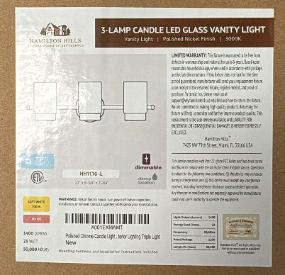 (New Open Box)  Hamilton Hills Polished Nickel Triple Light Fixture | HB -57