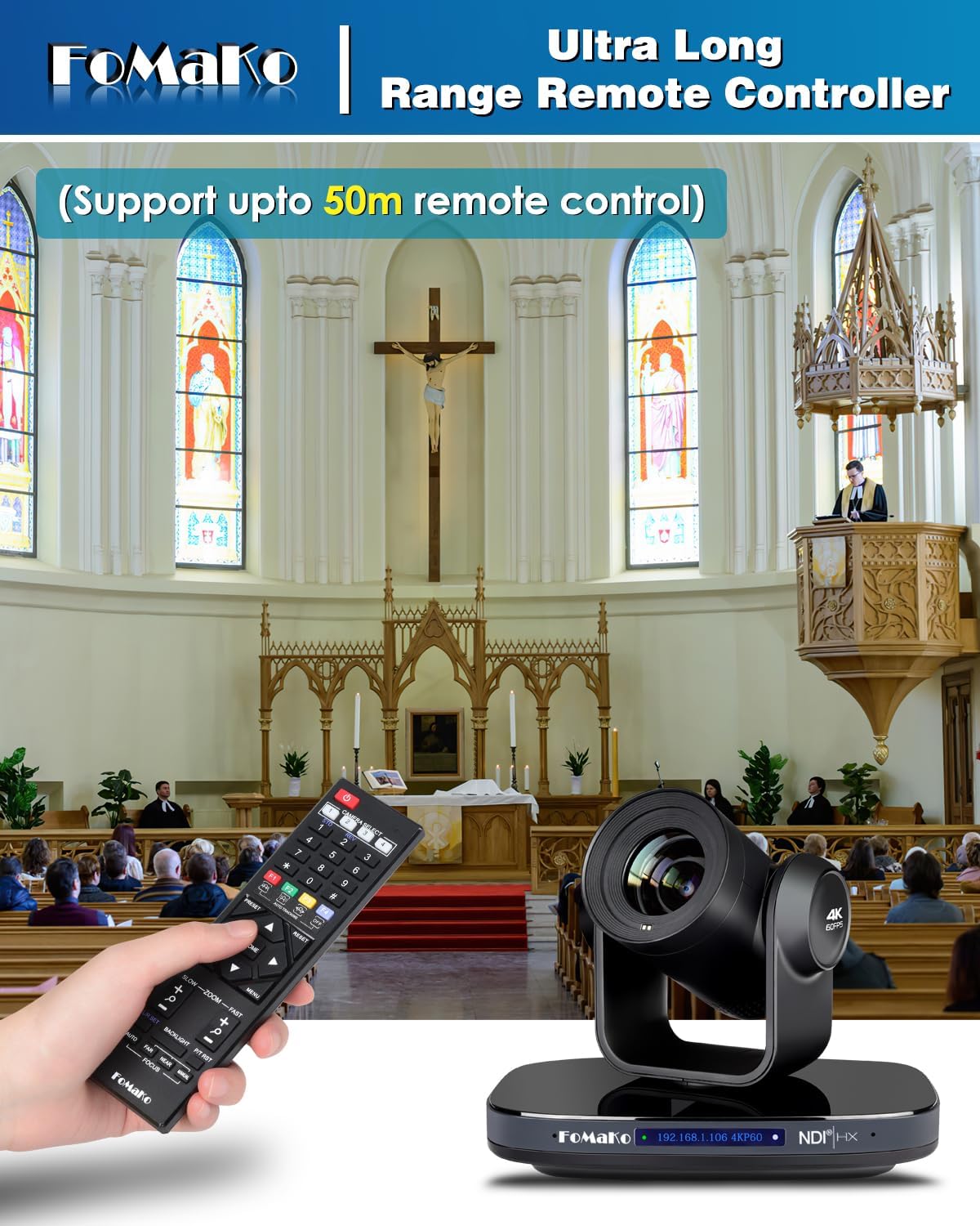 (New Open Box) FoMaKo 60FPS 4K NDI PTZ Camera, 20X Optical Zoom, 4KP60 AI Auto-Tracking, 1/1.8 UHD CMOS 8.42MP USB3.0 3G-SDI HDMI, for Church Worship Education Conference Events (K820N)
