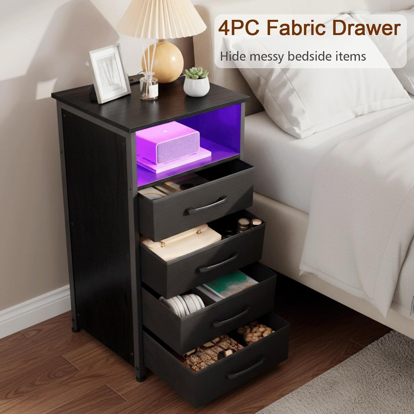 (New Open Box) LOAKEKEL Night Stand Set 2, Tall Nightstand with Charging Station for Bedroom with 4 Drawers, LED End Tables with USB Ports and Outlets, Bedside Table with Storage Shelf, Black, HNS034BK