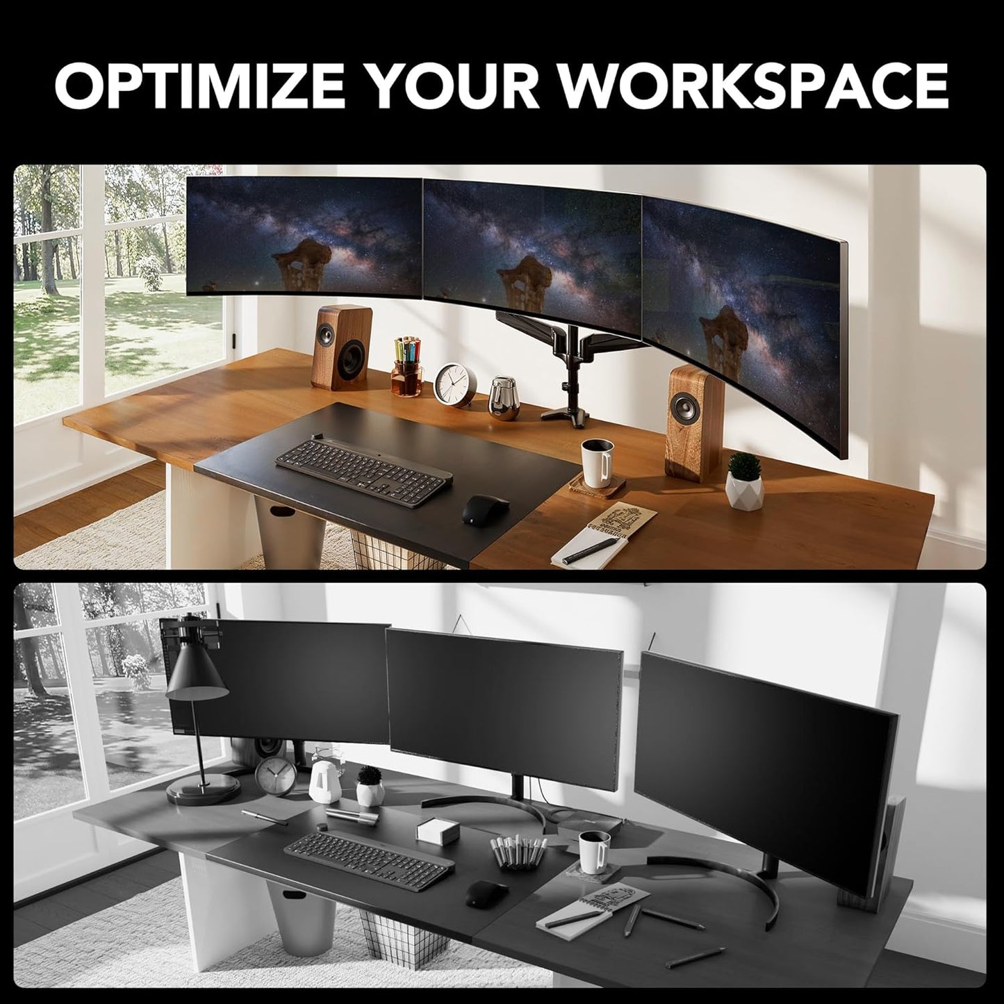 (New Open Box) HUANUO Triple Monitor Stand - Height Adjustable Gaming Monitor Mount Arm, Fits 3 Computer Screens 17 to 32 inch with Clamp/Grommet Mounting Base, Each Arm Holds up to 17.6 lbs, Black