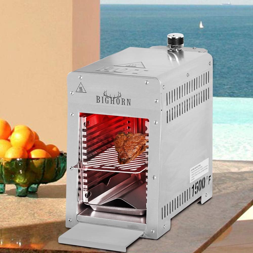 (New Open Box) BIG HORN OUTDOORS Portable Infrared Broiler Propane Gas Grill, 1500 Degree Stainless Steel Tabletop