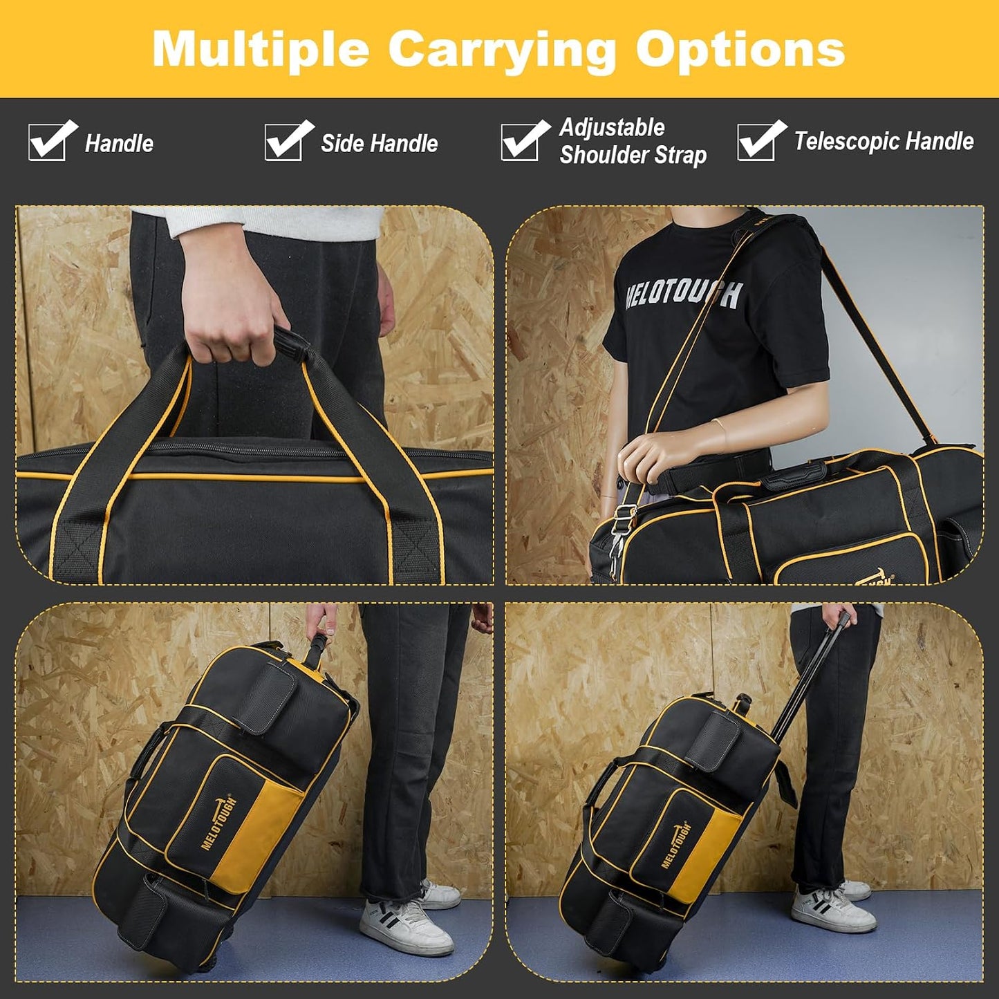 (New Open Box) MELOTOUGH Rolling Tool Bag with Wheels,Large Capacity Tool Bag Organizer with Concealed Telescoping Handle for Electrician,Construction,HVAC,Technician (Yellow/Black)