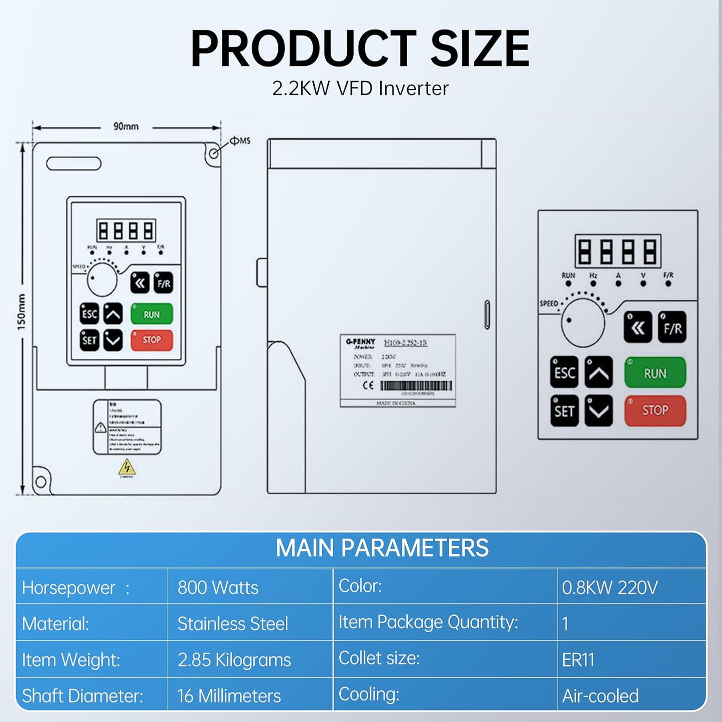 (Excellent) RATTMMOTOR CNC Spindle Motor Kit 220V 2.2KW Air Cooled Spindle Motor Square ER20+2.2KW VFD Inverter 220V Variable Frequency Drive Single to 3 Phase Converter for CNC Router Machine