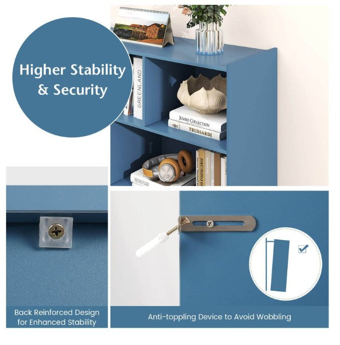 (New Open Box)  8 Cube 3-Tier Open Wooden Bookshelf & Toy Storage Organizer | Anti-Toppling • Blue