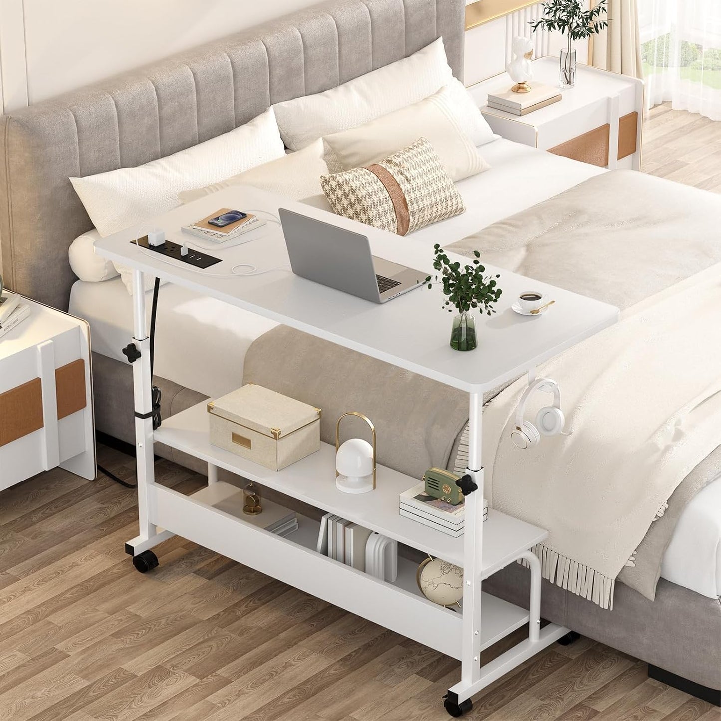 (New Open Box)   Cyclysio 39" Adjustable Height Standing Desk | White • Charging Station • Rolling Mobile Desk • Storage