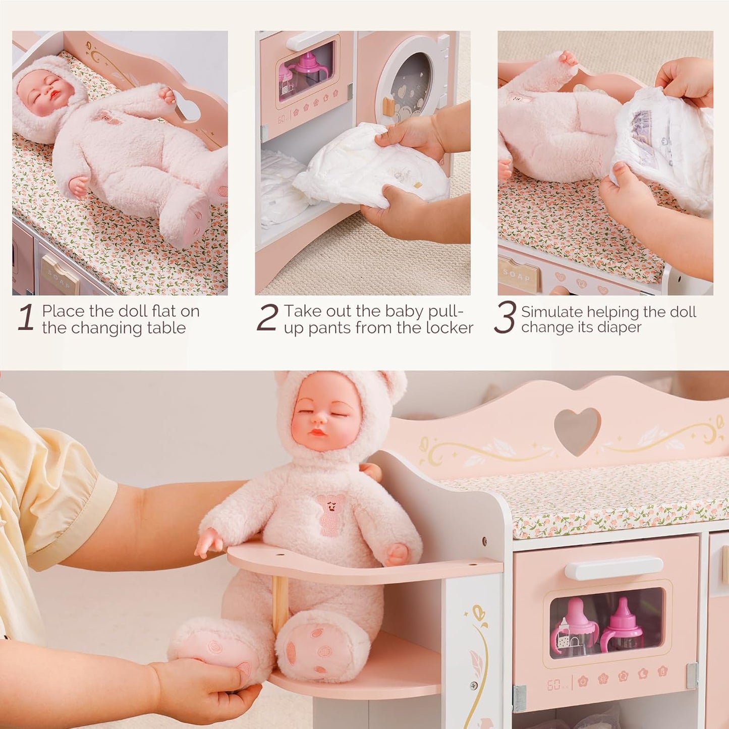 (New Open Box) ROBUD Baby Doll Crib, Pink Baby Doll Beds, Wooden Doll Changing Station