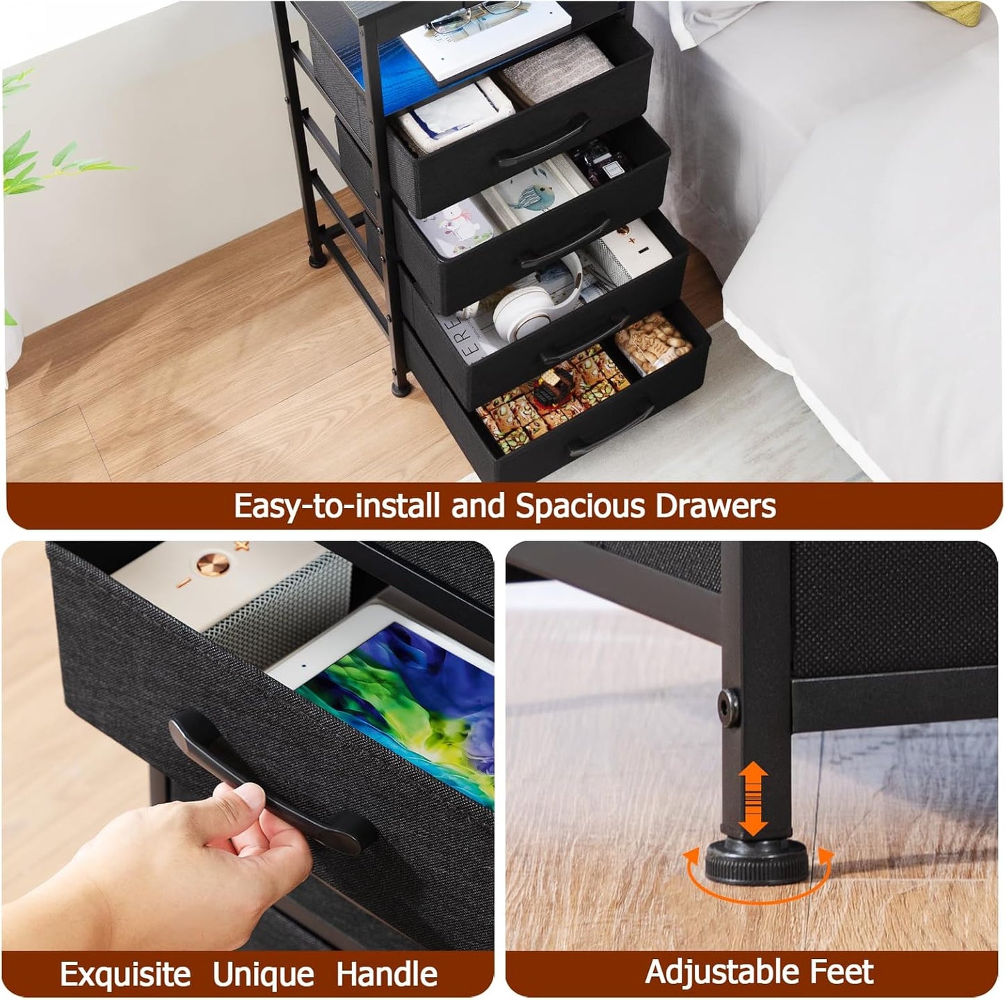 (New Open Box) AMHANCIBLE C Shaped End Table with Charging Station, TV Tray Set of 2 with Storage, Couch Tables That Slide Under, Sofa Table for Living Room, Bedroom BST004BK