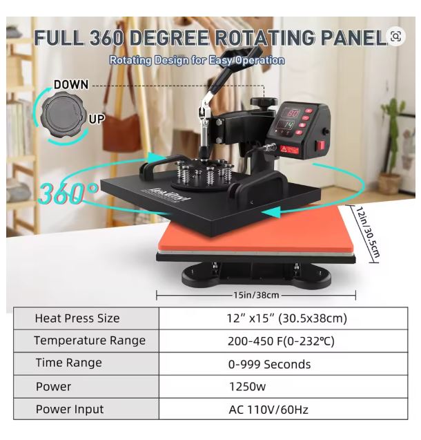 (New Open Box) Heat Press, Lya Vinyl 5 in 1 Heat Press Machine - 12 x 15 inch Combo Swing Away T-Shirt Sublimation