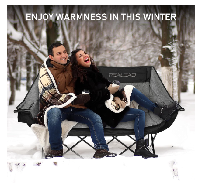 (Excellent) REALEAD Double Heated Camping Chair, 3 Heat Levels and 4 Heating Zones, Portable Heated Loveseat for Outdoor Sports, 650lb, Heated Folding Chairs for Outdoor,