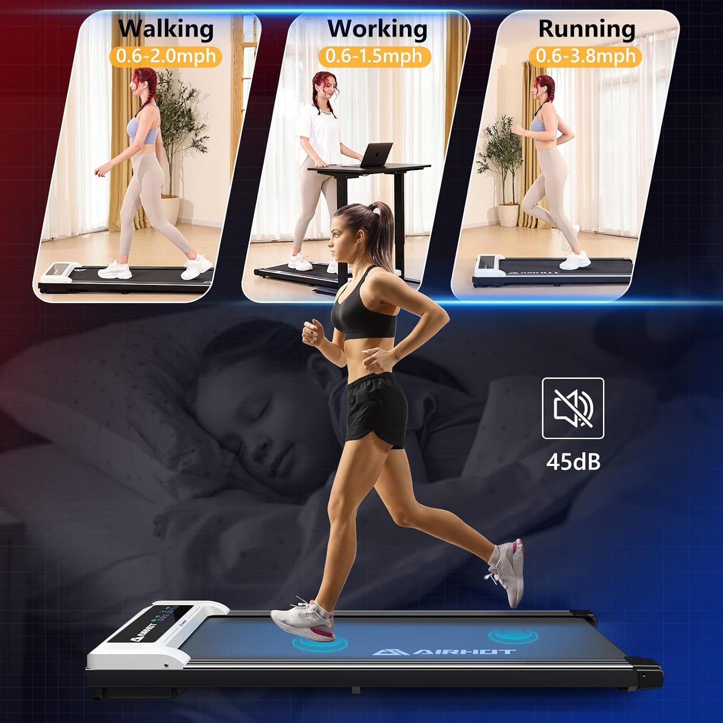 (Excellent) AIRHOT Walking Pad with Incline, 4 in 1 Under Desk Treadmill, Portable Treadmills with Remote Control, 300LBS Capacity Walking Running Treadmill for Home & Office