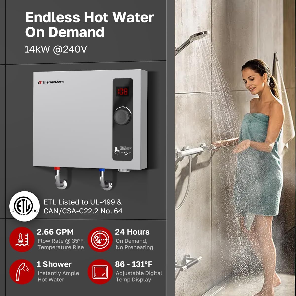 (New Open Box) Tankless Water Heater Electric 14kW 240 Volt, thermomate On Demand Instant Endless Hot Water