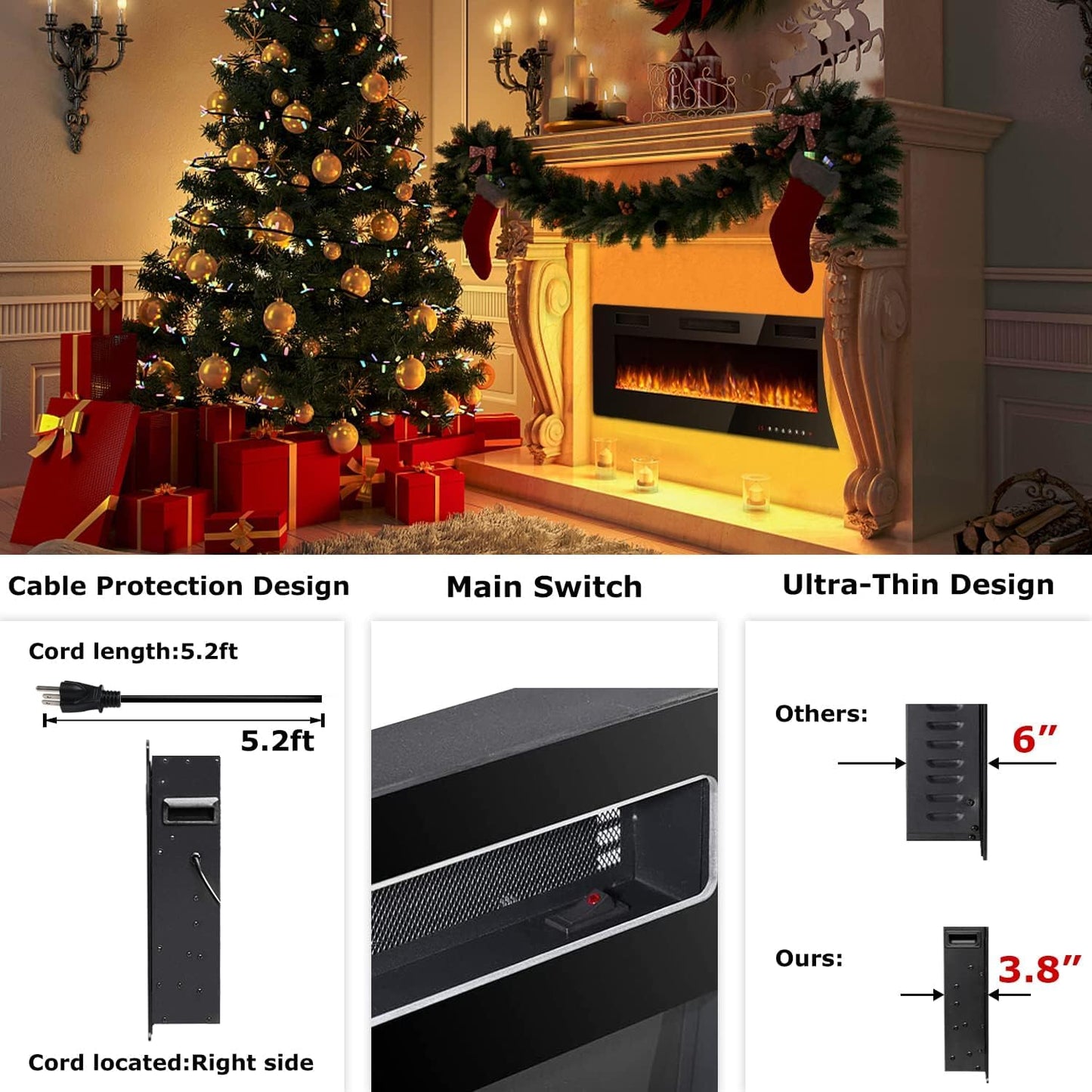 (New Open Box) Vitesse 50" Ultra-Thin Electric Fireplace – Recessed/Wall Mounted – 1500W