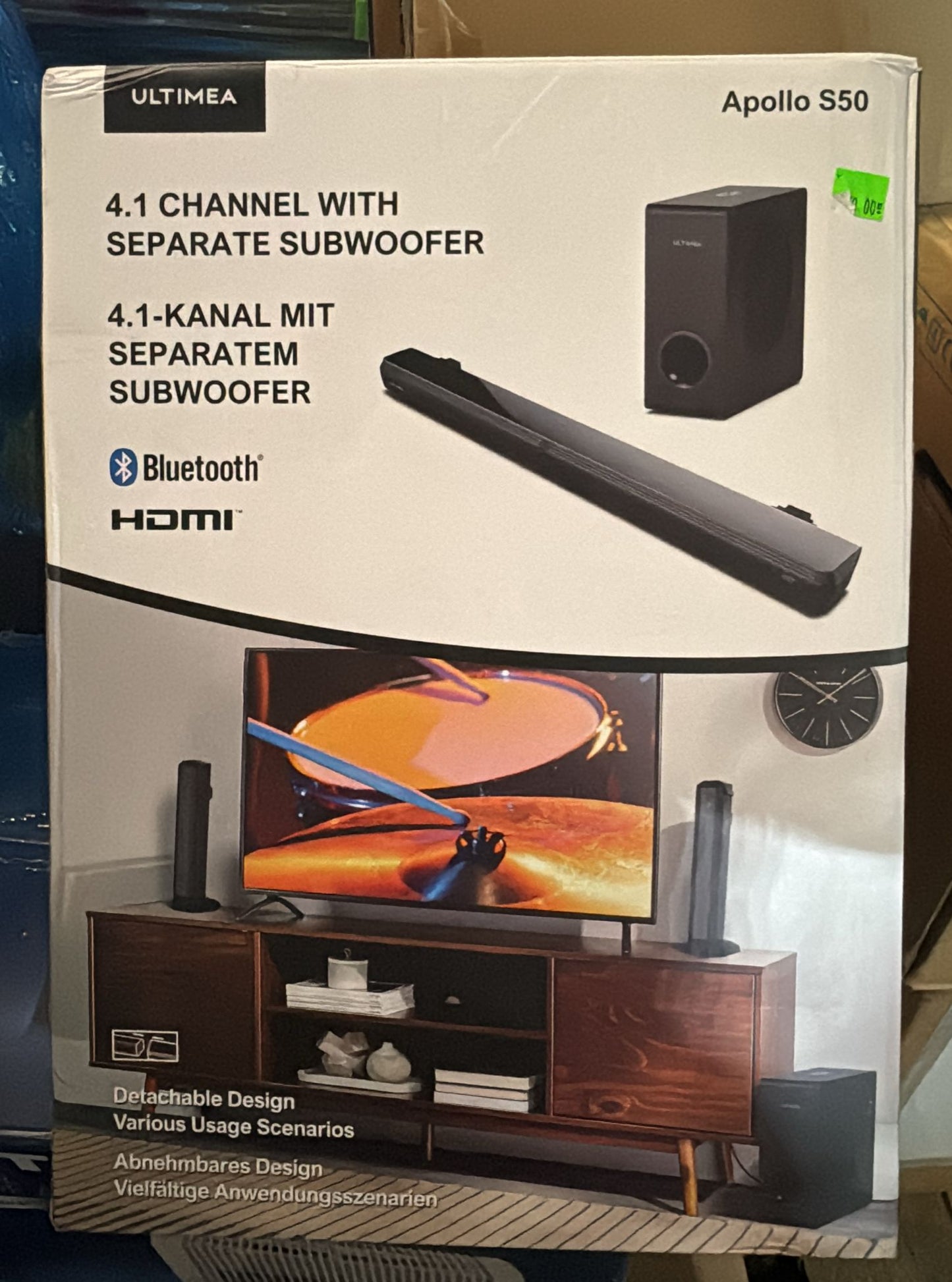 (New Open Box) ULTIMEA 4.1ch Sound Bar for Smart TV with Subwoofer, Peak Power 200W, 2-in-1 Detachable Bluetooth 5.3 Soundbar, Bass Adjustable, 3 EQ Modes TV Sound Bar, ARC/Optical/Aux, Apollo S50 Detachable Series