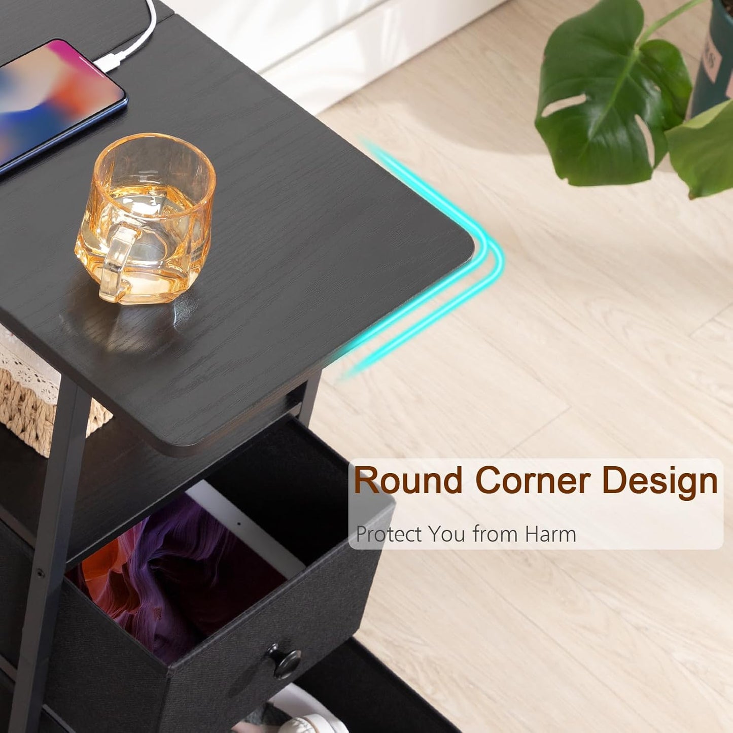 (New Open Box) AMHANCIBLE Narrow Nightstand with Charging Station, Slim End Side Table with USB Ports, HETN012BK-1