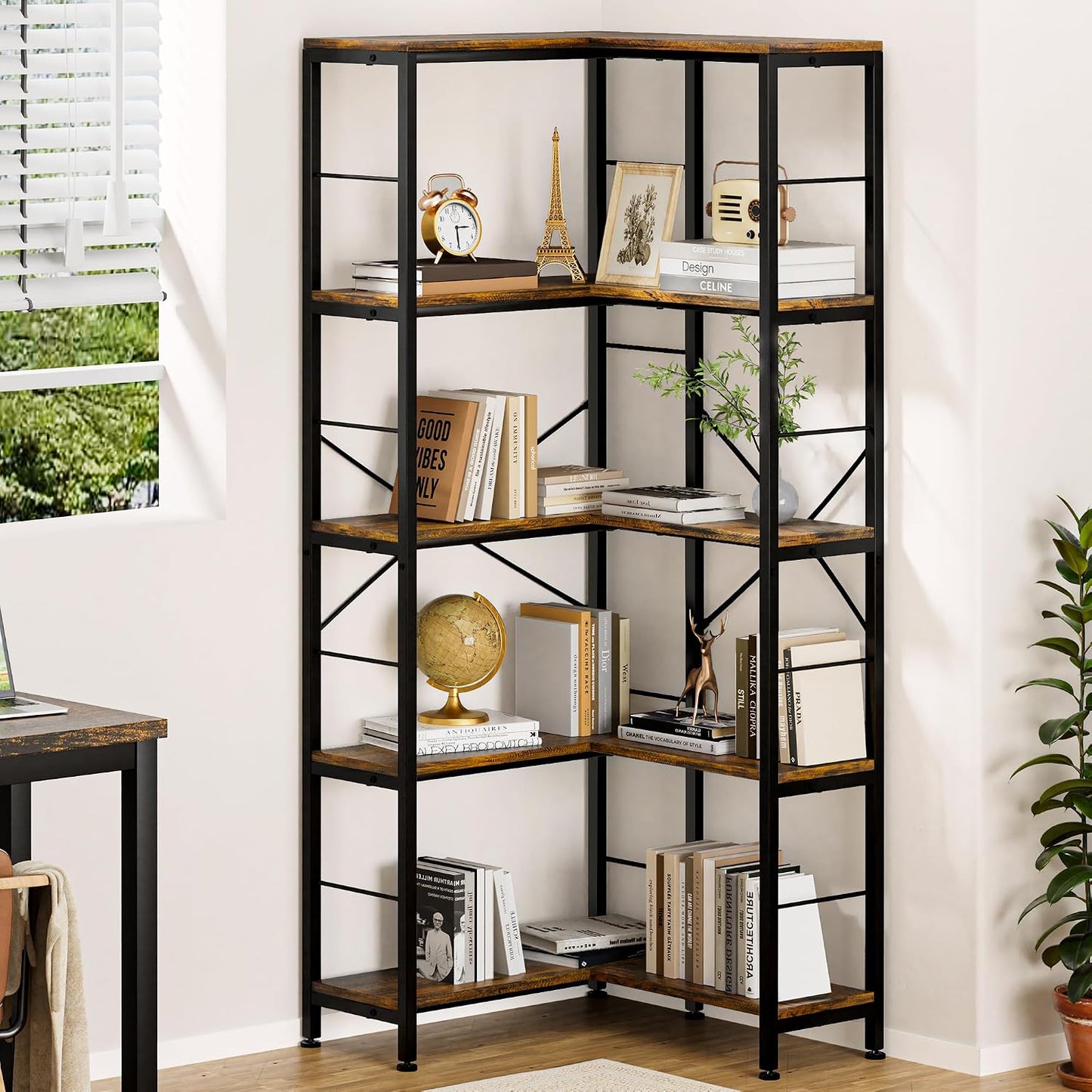 (New Open Box) Gujiam 5-Tier Corner Bookshelf, 70.86" Tall Corner Bookcase,5-Shelf Industrial L-Shaped Coner Shelf with Metal Frame for Home Office,Living Room,Bed Room(Rustic Brown)