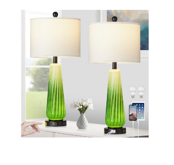 (Brand New) 27.5-in Green LED Table Lamp Set of 2 | Rotary Socket • Linen Shade | TD-257