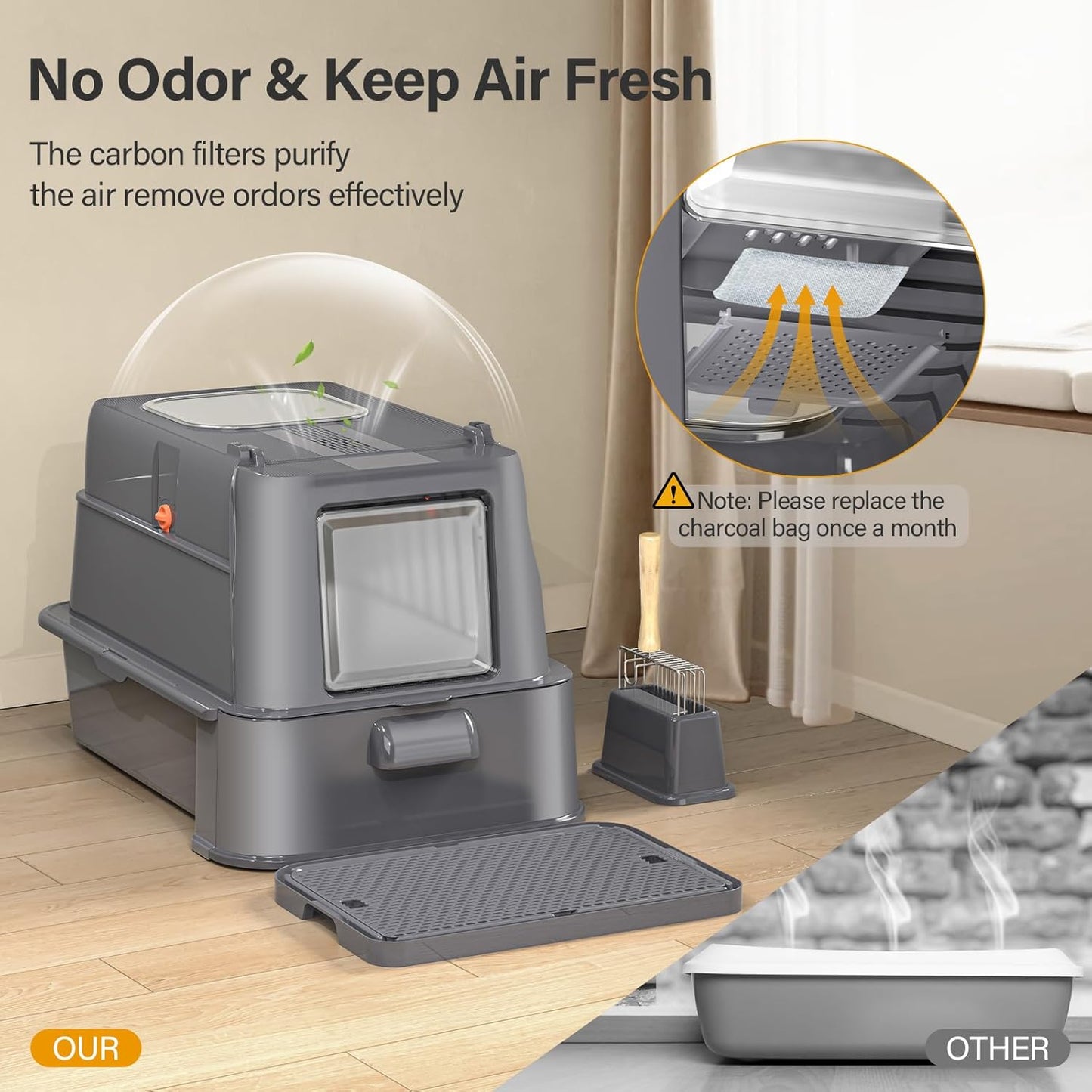 (New Open Box) Enclosed Stainless Steel Cat Litter Box with Lid，XL Large Metal Cat Box with Drawer for Big Cats,Top Exit Kitty Litter Box Includes Scoop, Filter Pedal,Odor Control, Easy Cleaning