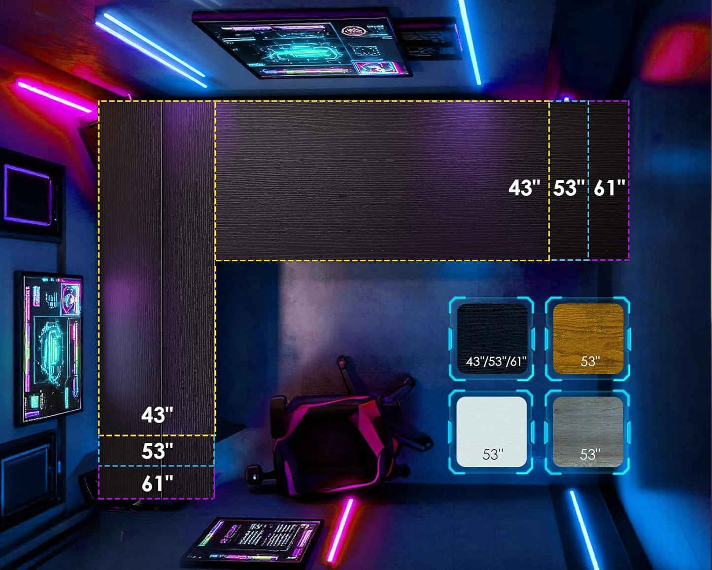 (New Open Box) AODK L Shaped Desk Gaming Desk with LED Light & Power Outlet, 53 Inch Reversible L Shaped Computer Table with Shelf & Storage Bag & Hook for Home Office, Black