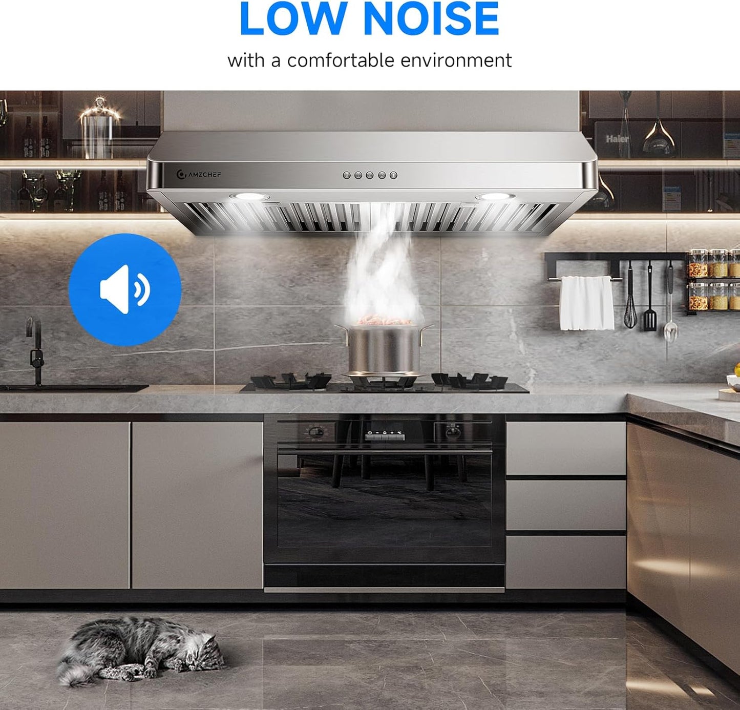 (New Open Box) AMZCHEF Under Cabinet Range Hood 30 Inch, 750CFM Stainless Steel Kitchen Stove Vent Hood 3 Speed Exhaust Fan Button Control LED lights Dishwasher-Safe Baffle Filters Three Outlet Design