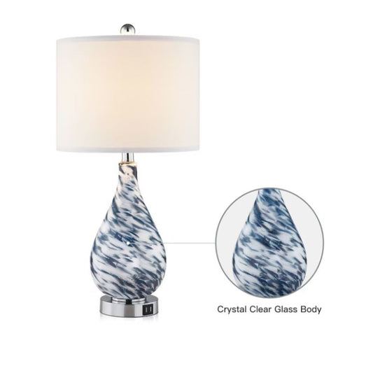 (Brand New) 24-in Blue Glass LED Touch Table Lamp | Linen Shade | TD-136