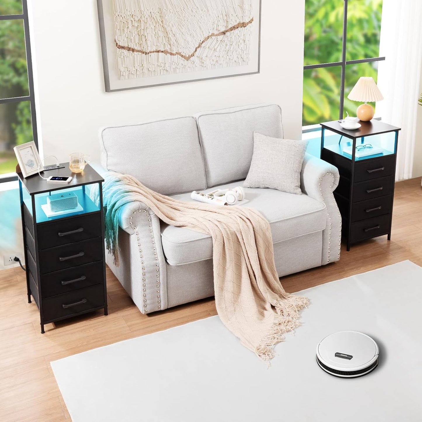 (New Open Box) LOAKEKEL Night Stand Set 2, LED Nightstand with Charging Station, HNS014BK (DS0061)