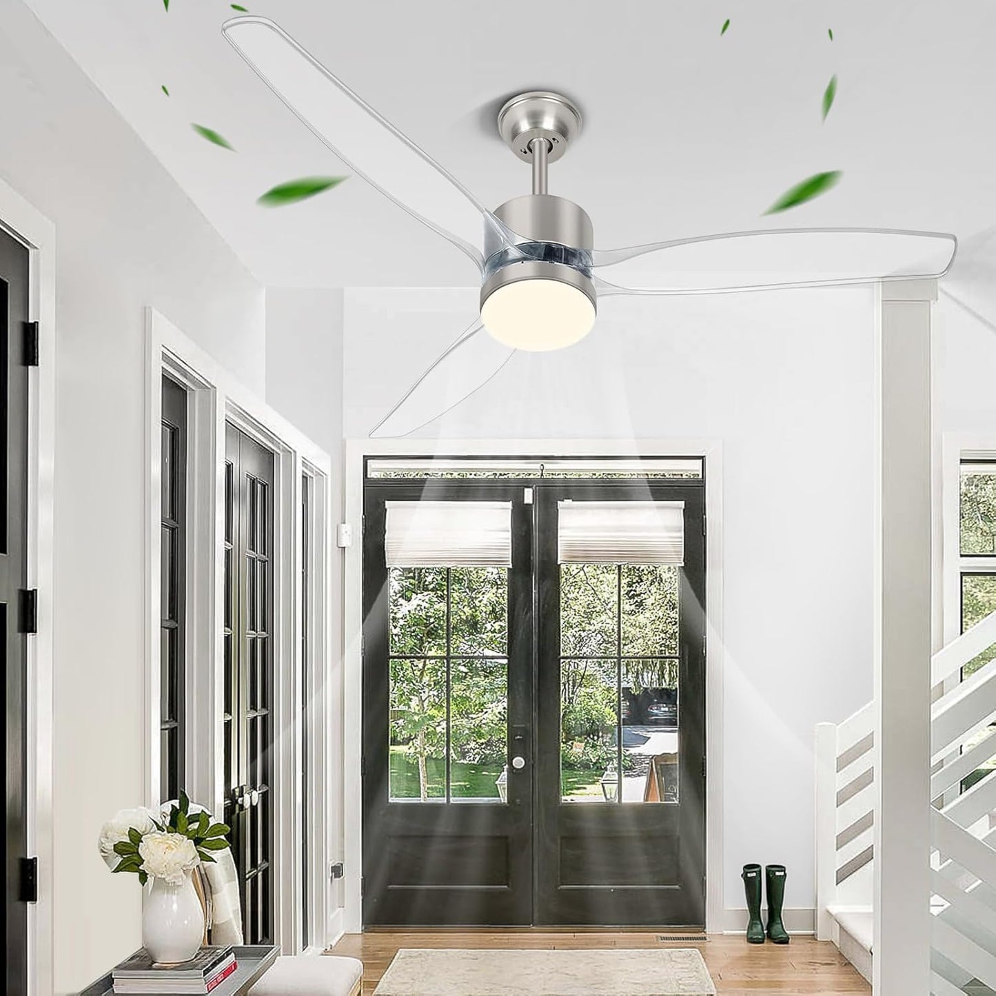 (New Open Box) OKELI 52 Inch Ceiling Fan with Light, Clear Ceiling Fans with Light and Remote 3 Reversible Blade