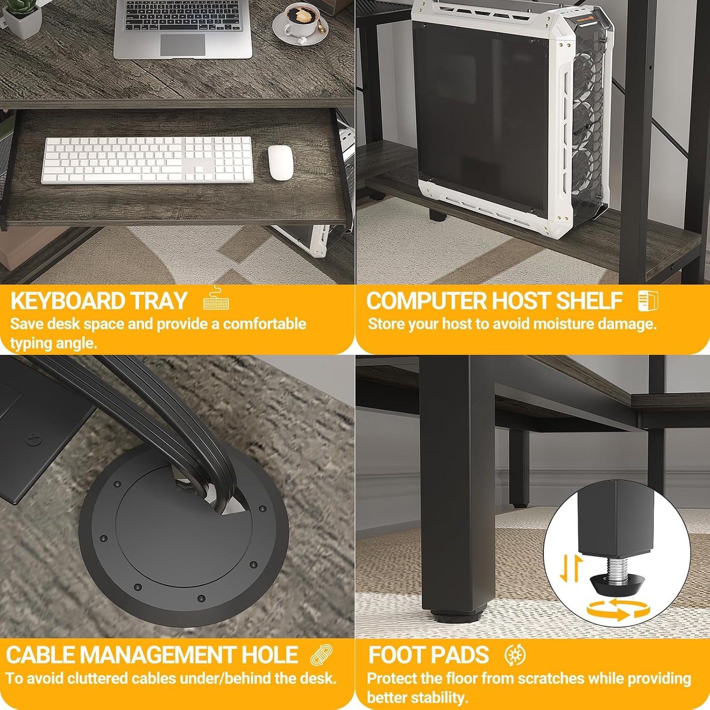 (New Open Box) Cyclysio Small Corner Desk with Hutch, Corner Gaming Desk with LED Light & Power Outlets, Computer Desk with Keyboard Tray, Triangel Desk for Small Space, Home Office, Workstation, Grey