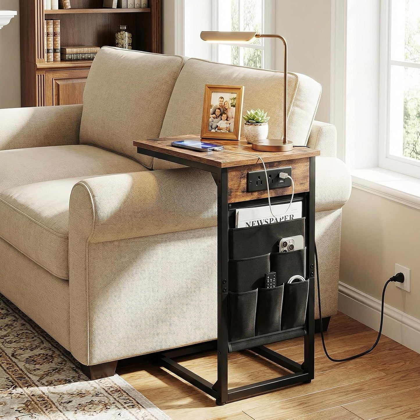 (New Open Box) AMHANCIBLE Couch Table, C Shaped End Table with Charging Station, TV Tray, Side Table with Storage for Couch, Sofa Table for Living Room HET04CBR-1