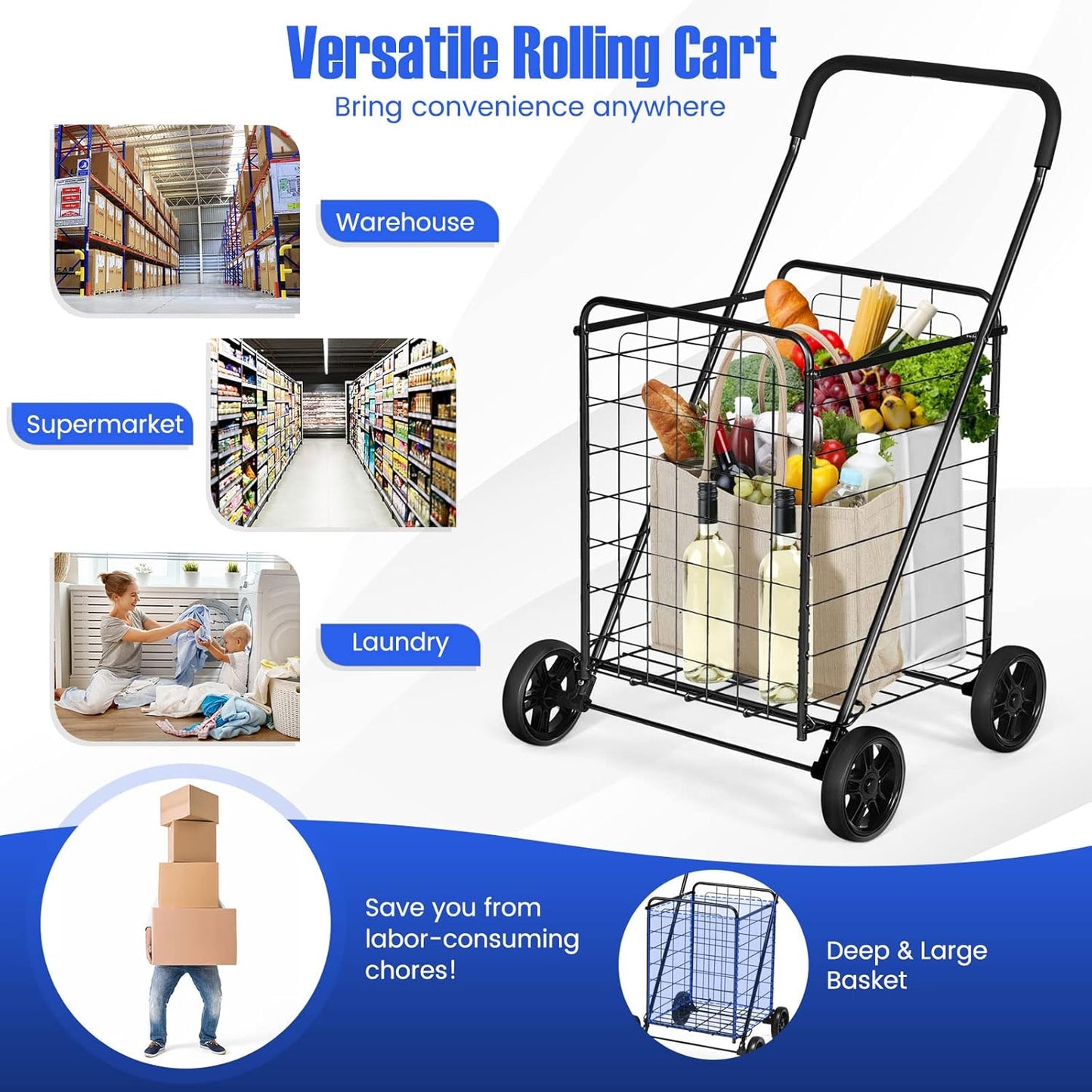 (New Open Box)  Heavy-Duty Folding Shopping Cart | 22 Gal Metal Basket • Large Wheels • Utility Rolling Cart