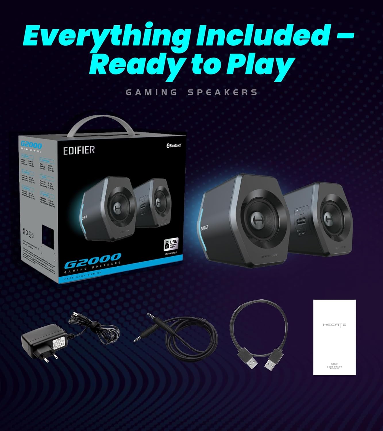(New Open Box) Edifier G2000 RGB Gaming Speakers, 32W Peak Power, Compact Design for PC/PS4/Desktop, Bluetooth 5.1, 3.5mm AUX, Game/Movie/Music Modes, 12 RGB Lighting Effects - Black